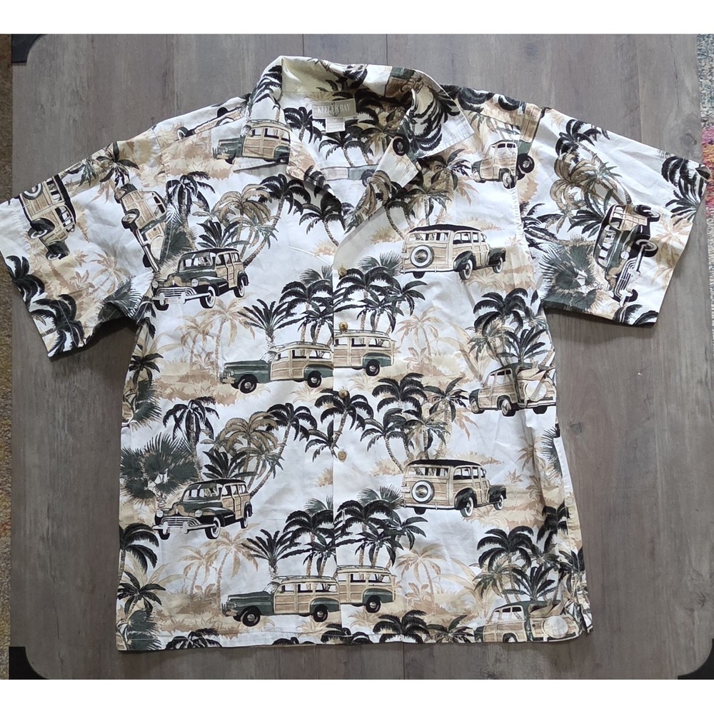 Keeler Bay Hawaiian Button Up Shirt W/ Tan & Green Vehicles & Palm Trees Men M